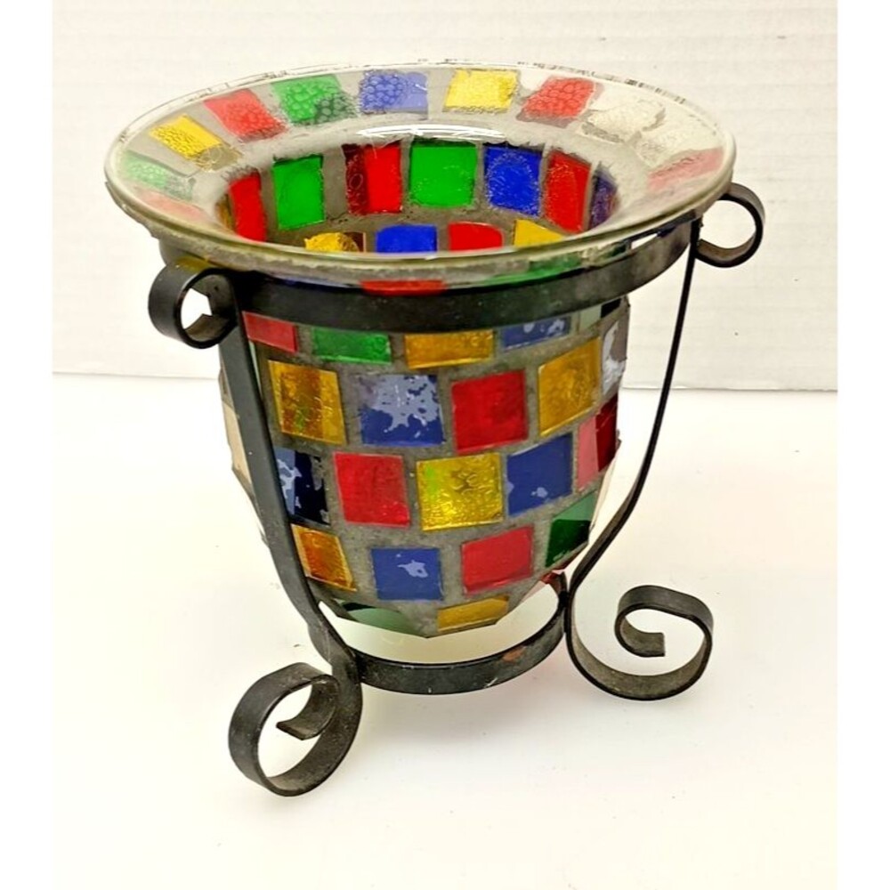 Mosaic Glass Tealight Candle Holder on Black Metal Stand 5.38” Tall Home Décor